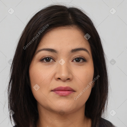 Joyful latino young-adult female with long  brown hair and brown eyes