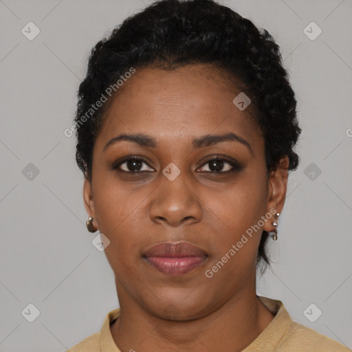 Neutral black young-adult female with short  black hair and brown eyes