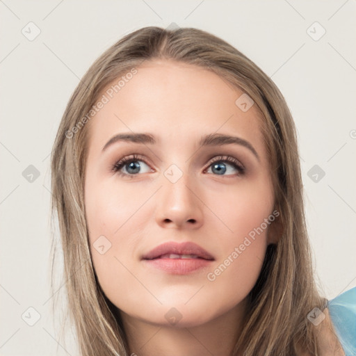 Neutral white young-adult female with long  brown hair and grey eyes