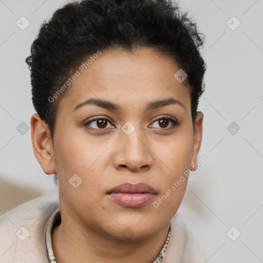 Joyful latino young-adult female with short  brown hair and brown eyes