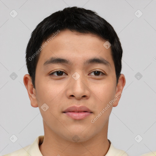 Neutral asian young-adult male with short  brown hair and brown eyes