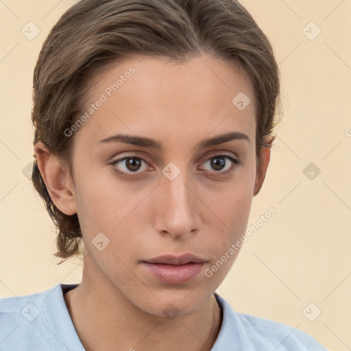 Neutral white young-adult female with medium  brown hair and brown eyes