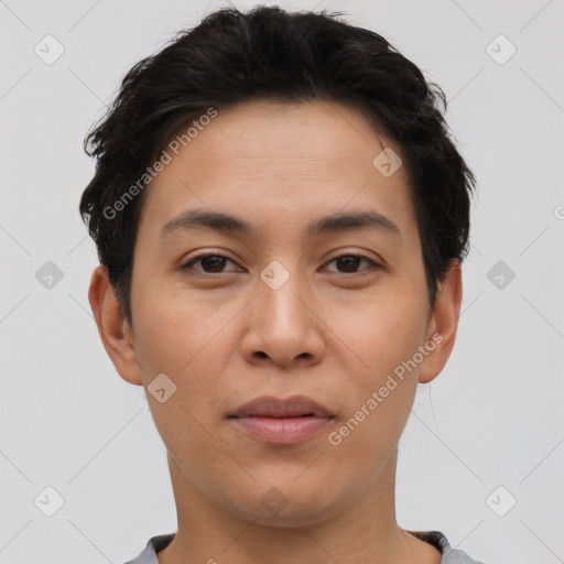 Neutral asian young-adult male with short  brown hair and brown eyes