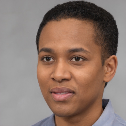 Joyful black young-adult male with short  black hair and brown eyes