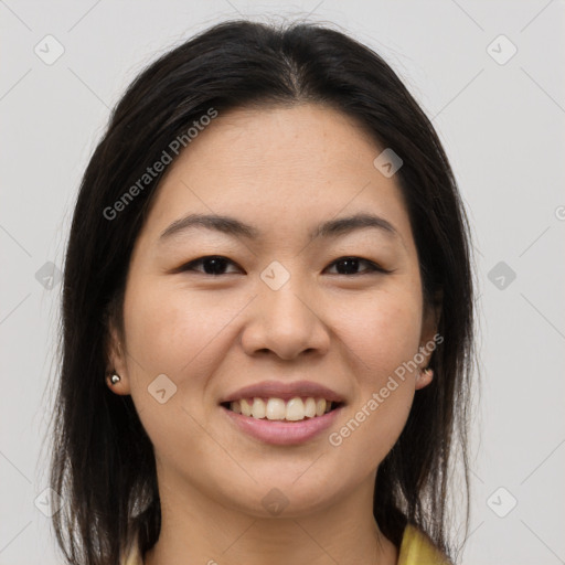 Joyful asian young-adult female with medium  brown hair and brown eyes