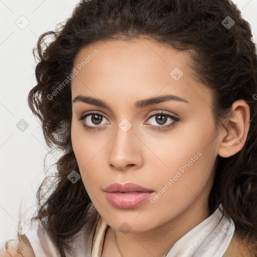 Neutral white young-adult female with long  brown hair and brown eyes