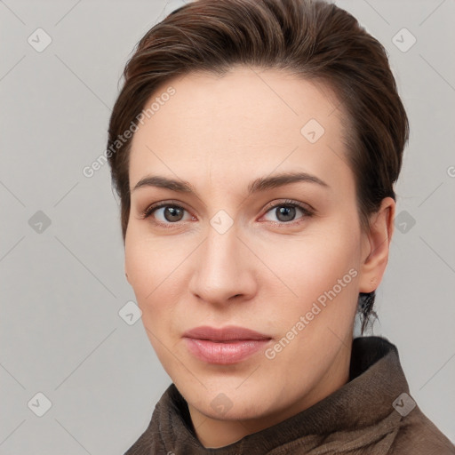 Neutral white young-adult female with short  brown hair and grey eyes