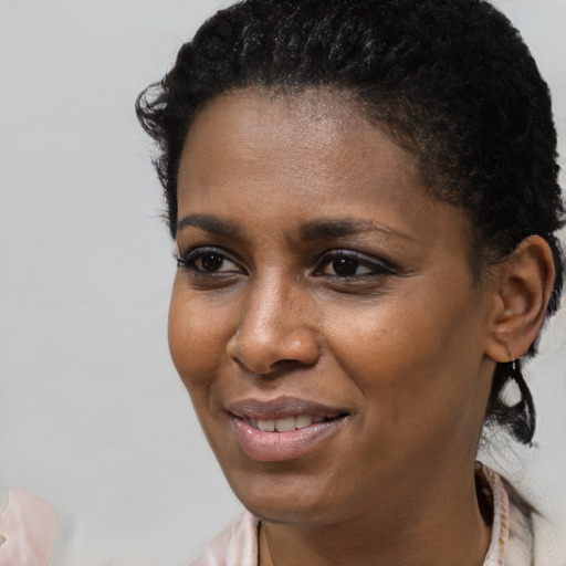Joyful black young-adult female with short  brown hair and brown eyes