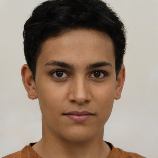 Neutral latino young-adult female with short  brown hair and brown eyes