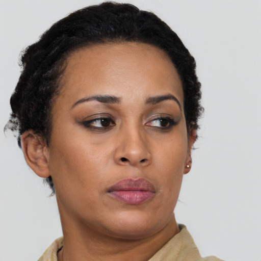 Neutral black young-adult female with short  brown hair and brown eyes