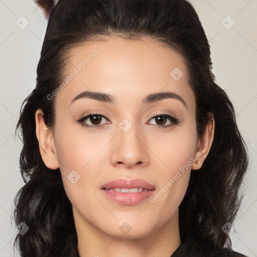 Joyful white young-adult female with long  black hair and brown eyes