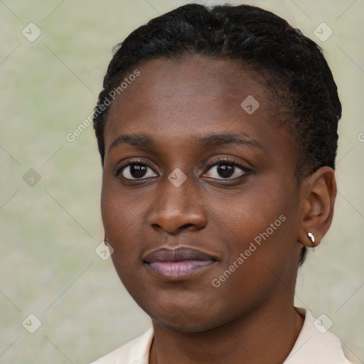 Neutral black young-adult female with short  black hair and brown eyes