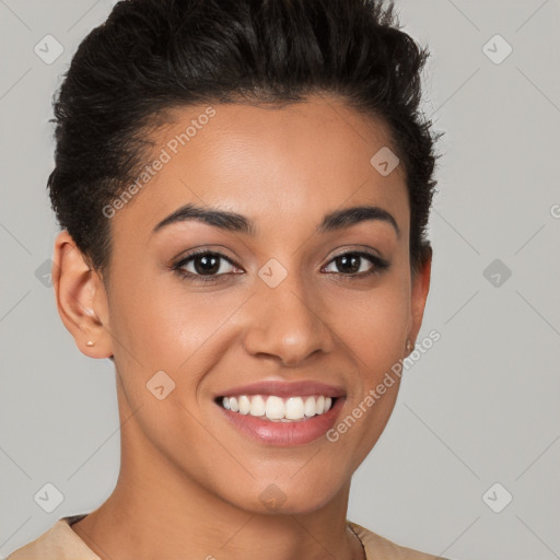 Joyful latino young-adult female with short  brown hair and brown eyes