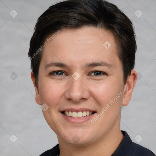 Joyful white young-adult female with short  brown hair and brown eyes