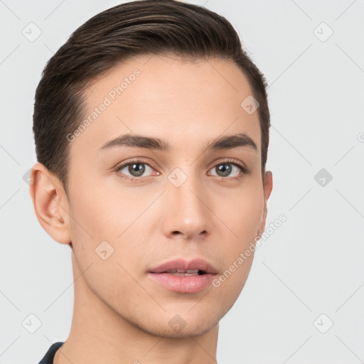 Neutral white young-adult male with short  brown hair and brown eyes