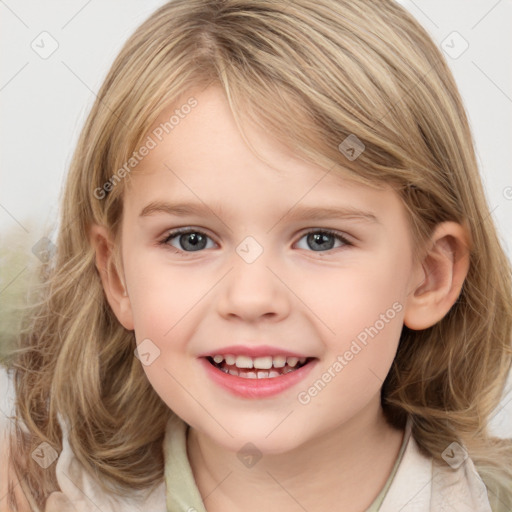 Joyful white child female with medium  brown hair and grey eyes