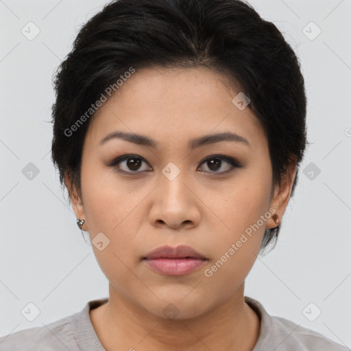 Neutral asian young-adult female with medium  brown hair and brown eyes