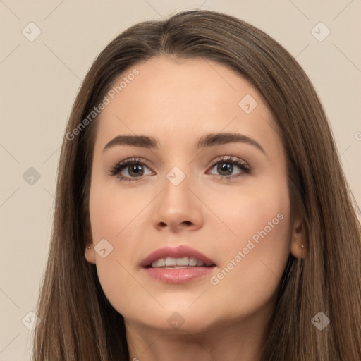 Neutral white young-adult female with long  brown hair and brown eyes