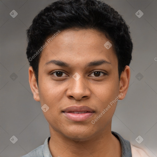 Joyful latino young-adult female with short  black hair and brown eyes