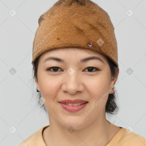 Joyful latino young-adult female with short  brown hair and brown eyes