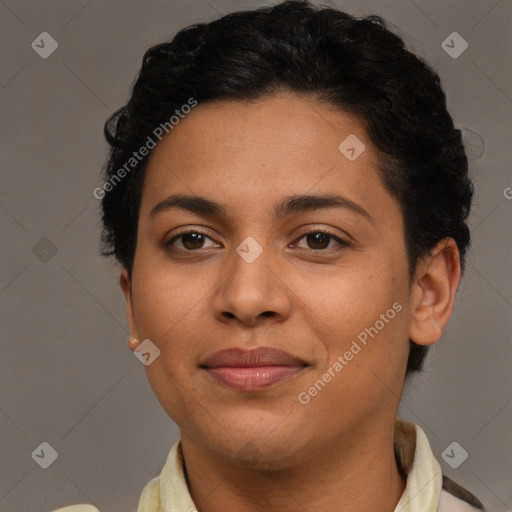 Joyful latino young-adult female with short  brown hair and brown eyes