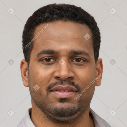 Neutral latino young-adult male with short  brown hair and brown eyes