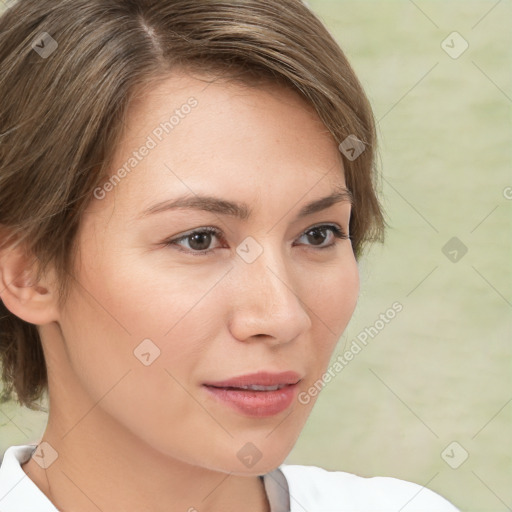 Neutral white young-adult female with medium  brown hair and brown eyes