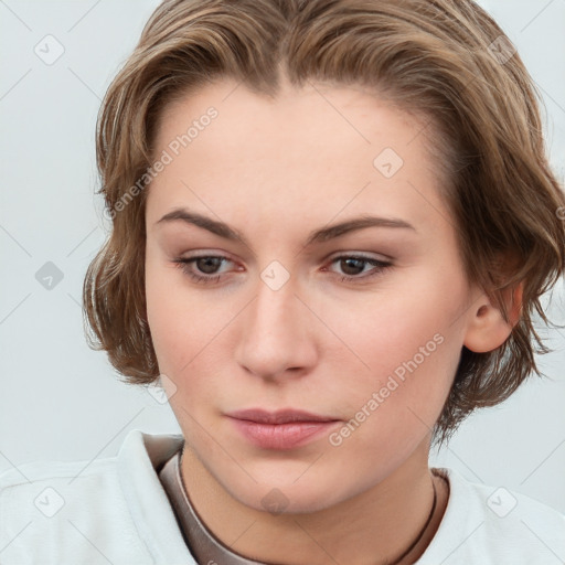 Neutral white young-adult female with medium  brown hair and brown eyes