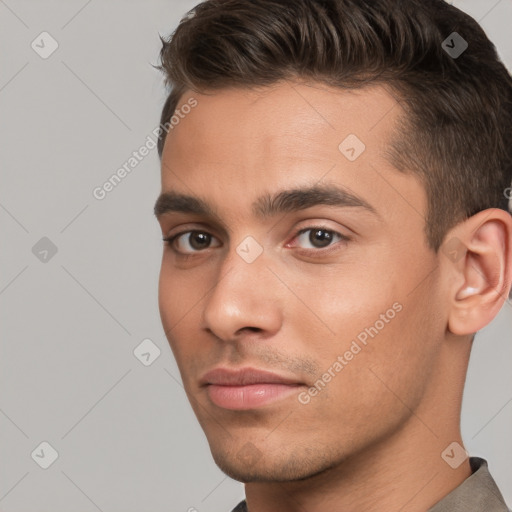 Neutral white young-adult male with short  brown hair and brown eyes