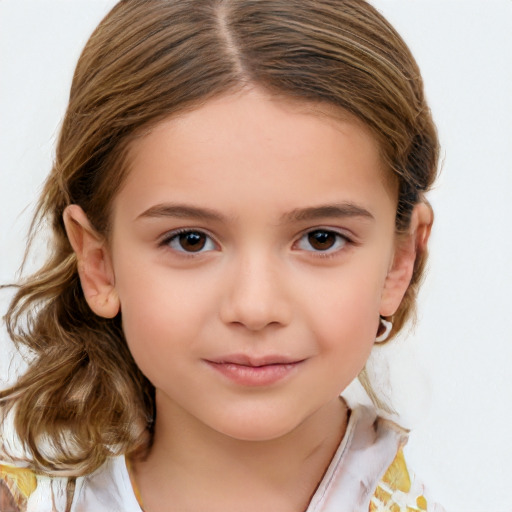 Joyful white child female with medium  brown hair and brown eyes