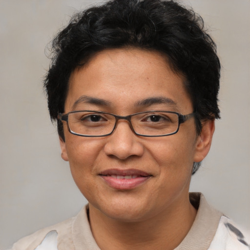 Joyful asian adult female with short  brown hair and brown eyes