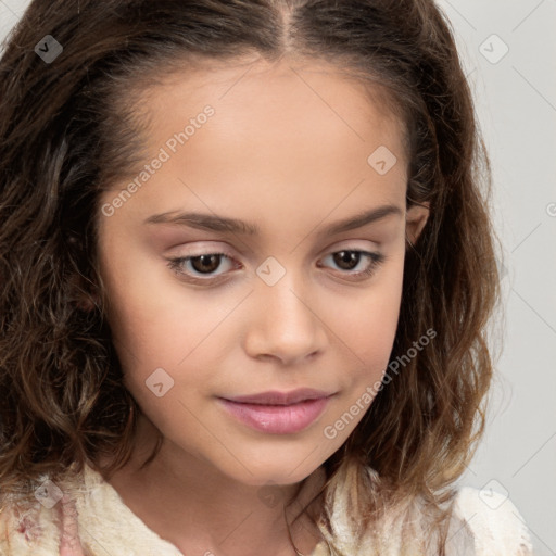 Joyful white child female with medium  brown hair and brown eyes