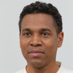 Neutral black adult male with short  black hair and brown eyes