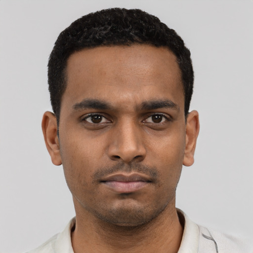 Neutral latino young-adult male with short  black hair and brown eyes