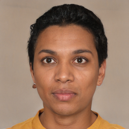Neutral latino young-adult female with short  black hair and brown eyes