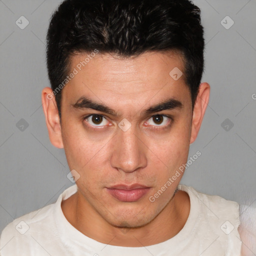 Neutral white young-adult male with short  brown hair and brown eyes