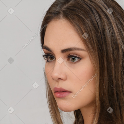 Neutral white young-adult female with long  brown hair and brown eyes