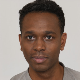 Neutral black young-adult male with short  black hair and brown eyes