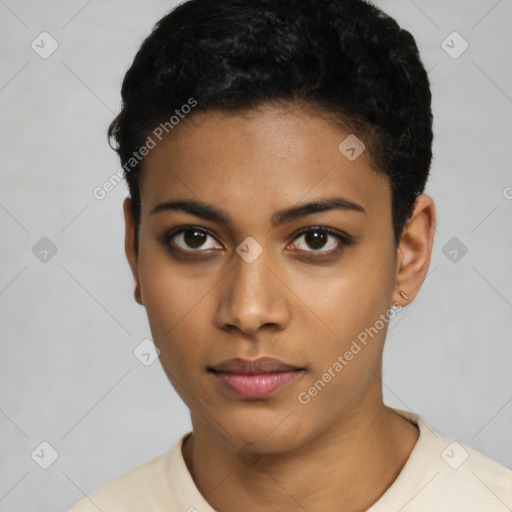 Neutral latino young-adult female with short  black hair and brown eyes