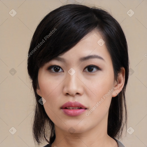 Neutral asian young-adult female with medium  black hair and brown eyes