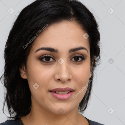 Joyful latino young-adult female with medium  brown hair and brown eyes