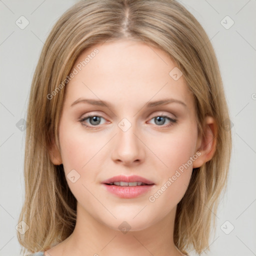 Neutral white young-adult female with medium  brown hair and grey eyes