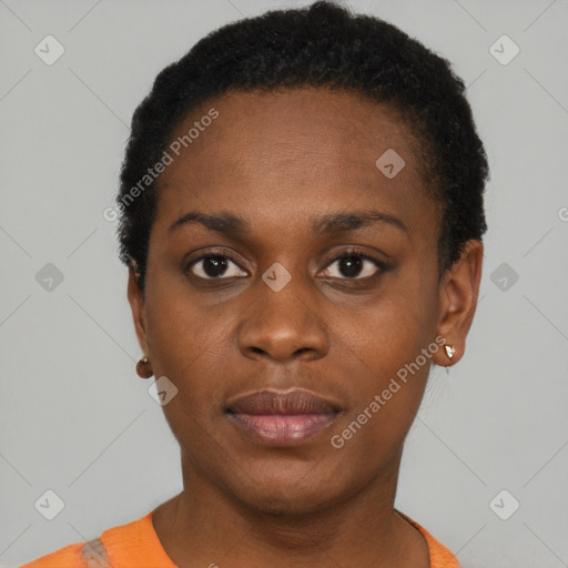 Neutral black young-adult female with short  black hair and brown eyes