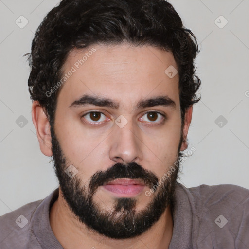 Neutral white young-adult male with short  black hair and brown eyes