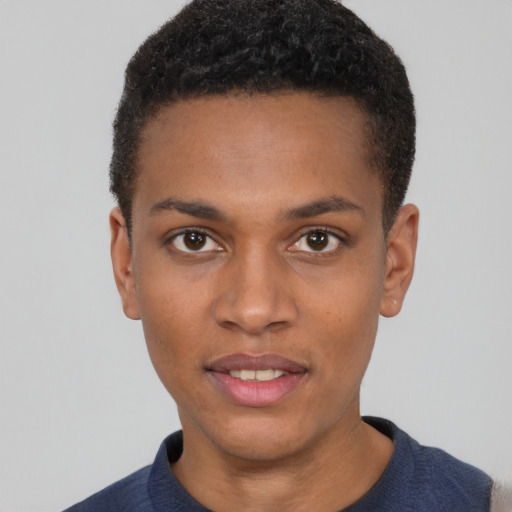 Neutral black young-adult male with short  brown hair and brown eyes