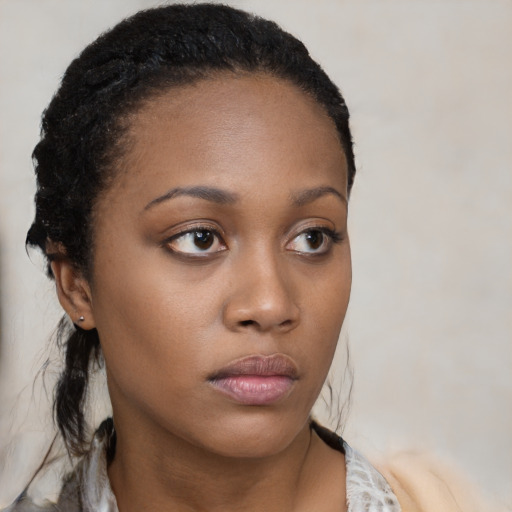 Neutral black young-adult female with long  brown hair and brown eyes