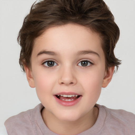 Joyful white child female with short  brown hair and brown eyes