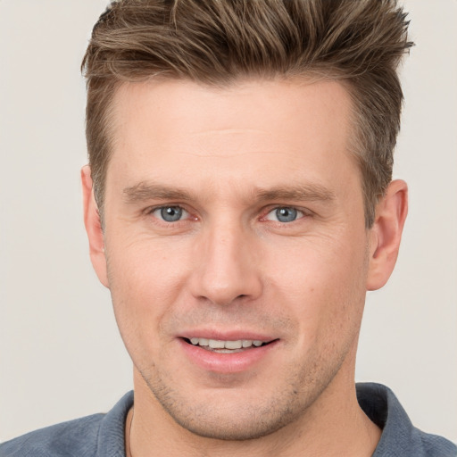 Joyful white adult male with short  brown hair and grey eyes