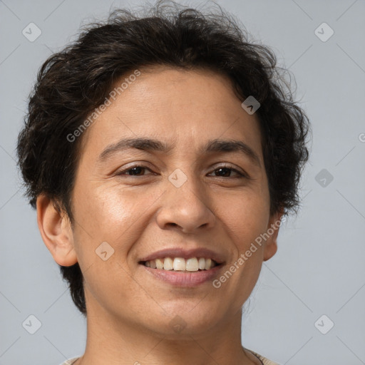 Joyful white adult female with short  brown hair and brown eyes