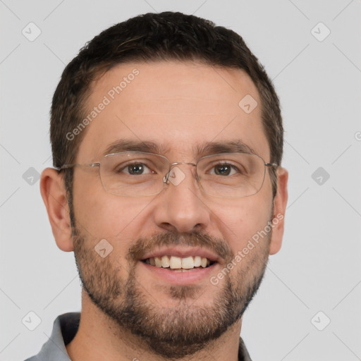 Joyful white adult male with short  brown hair and brown eyes